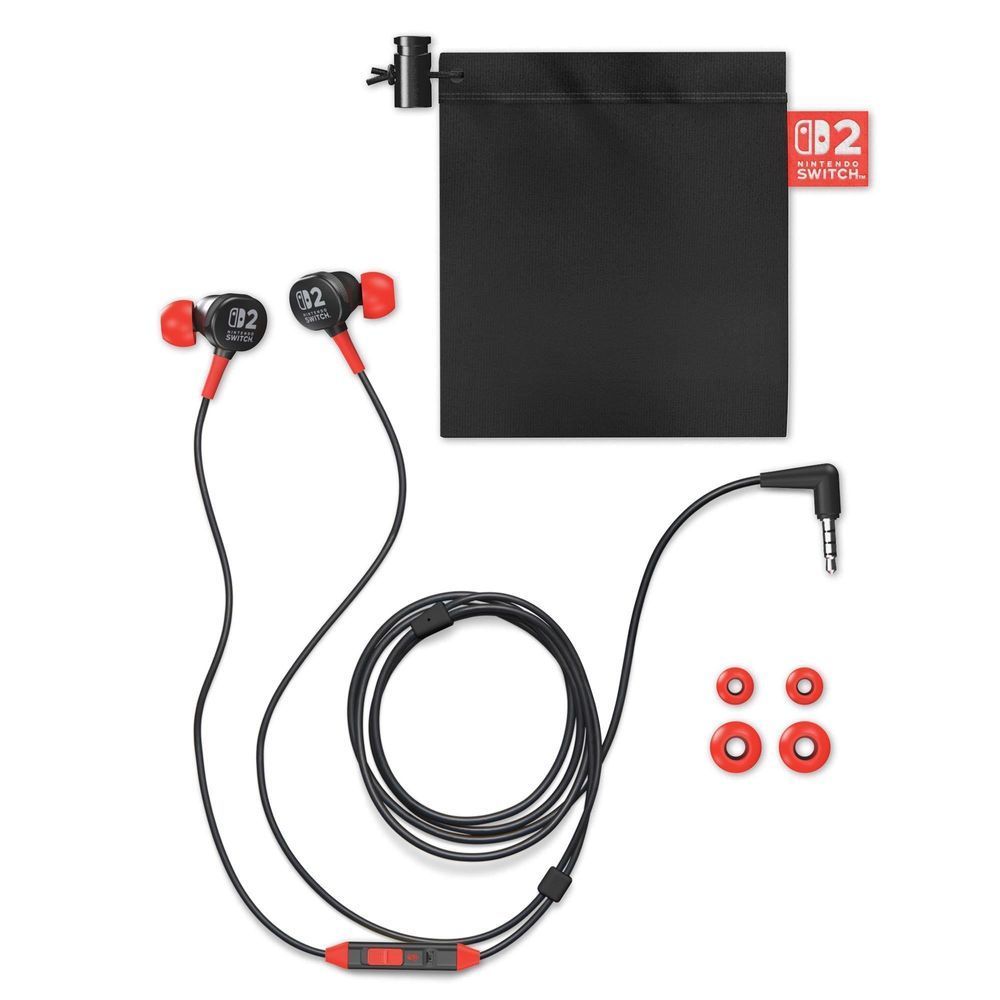 Wired earbuds kit with pouch, black cables, and red tip extras, parts laid out