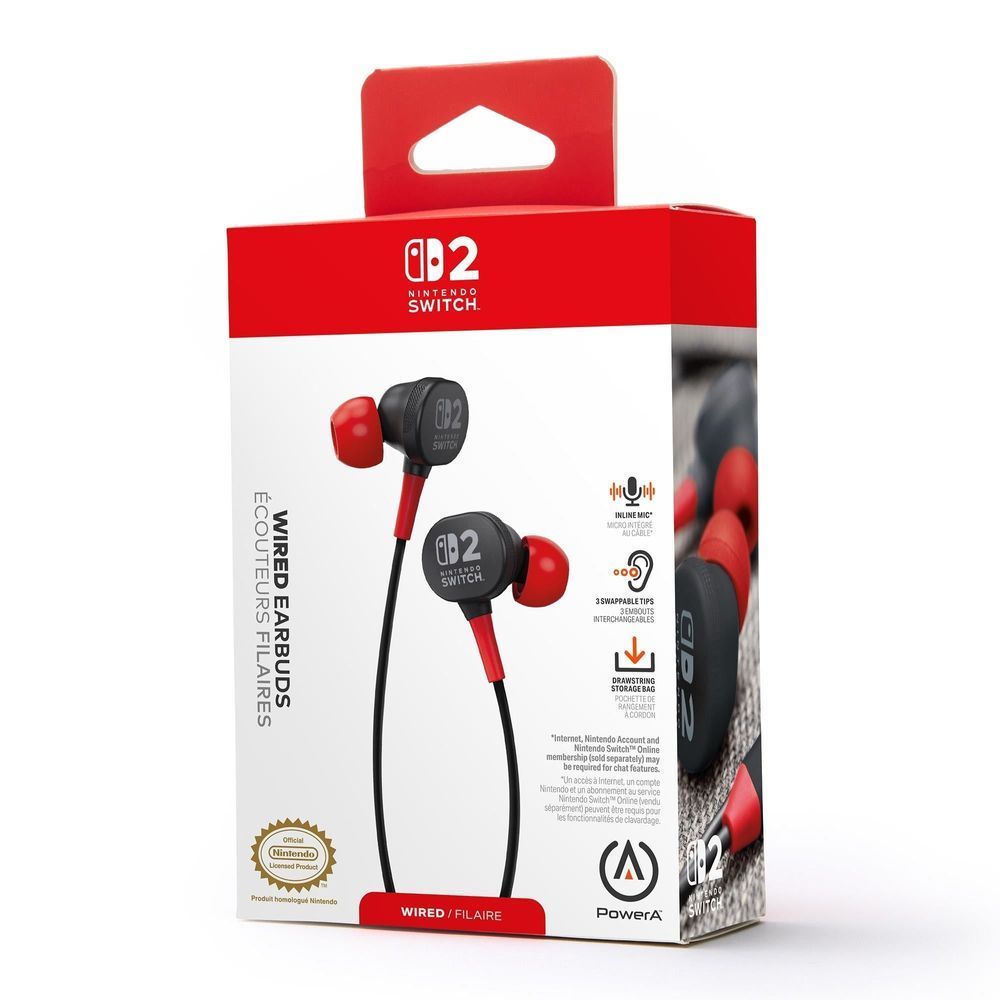 Retail box for wired earbuds with red-and-black design and illustrated earpieces
