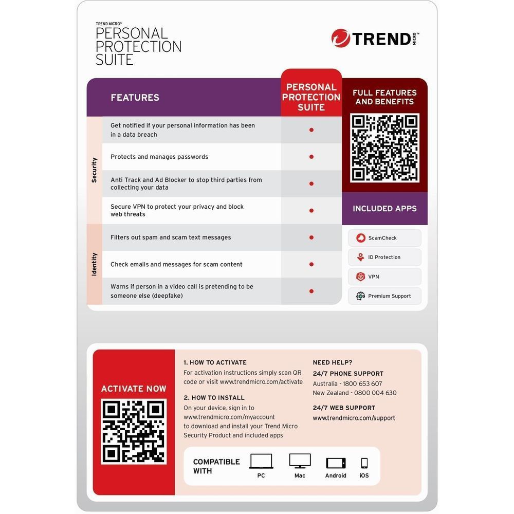 Personal Protection Suite info card showing features list, QR activation, device compatibility