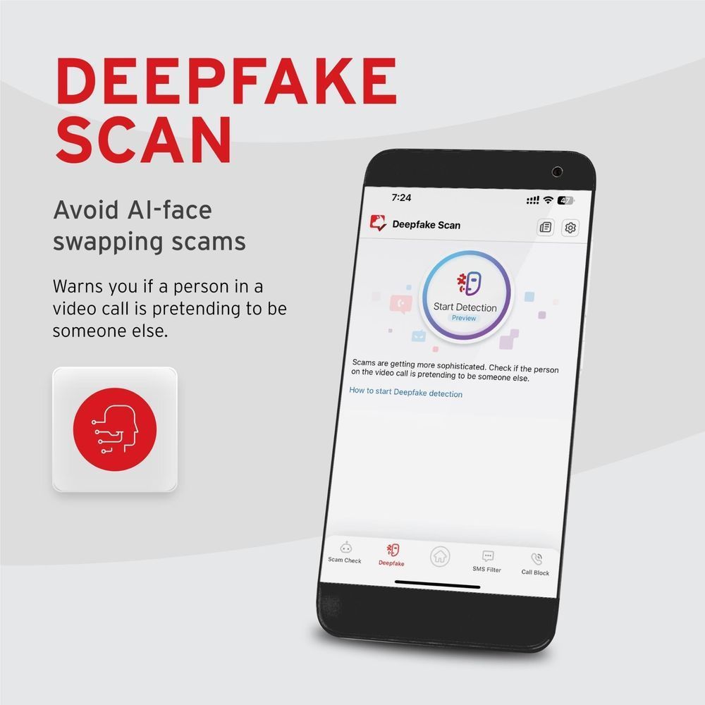 Deepfake scan feature graphic with detection screen on a smartphone
