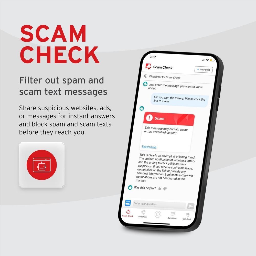Scam check feature graphic with scam message chat on a smartphone