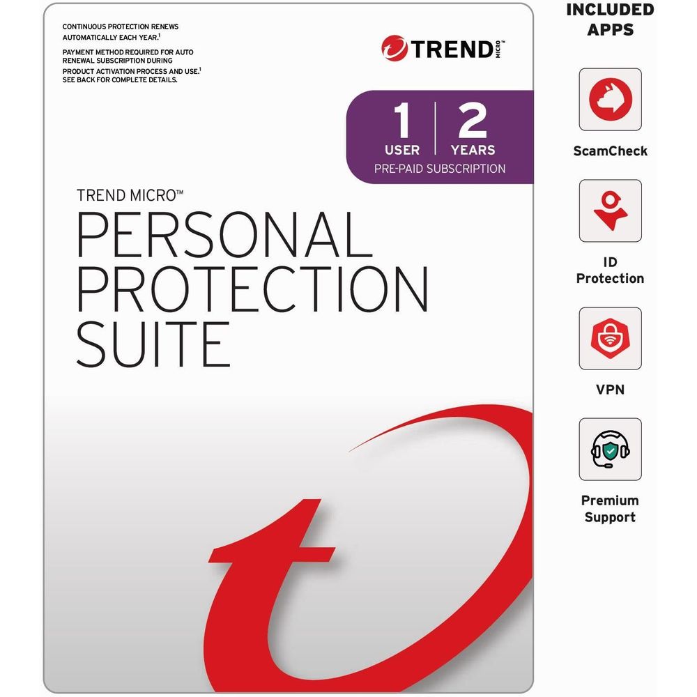 Trend Micro Personal Protection Suite digital download card with included apps icons, 1 user