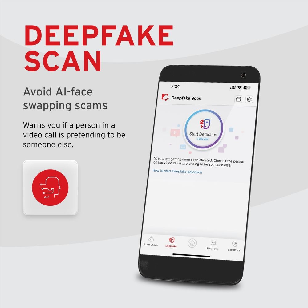 Deepfake Scan feature card with smartphone screen and AI-face swapping scam warning