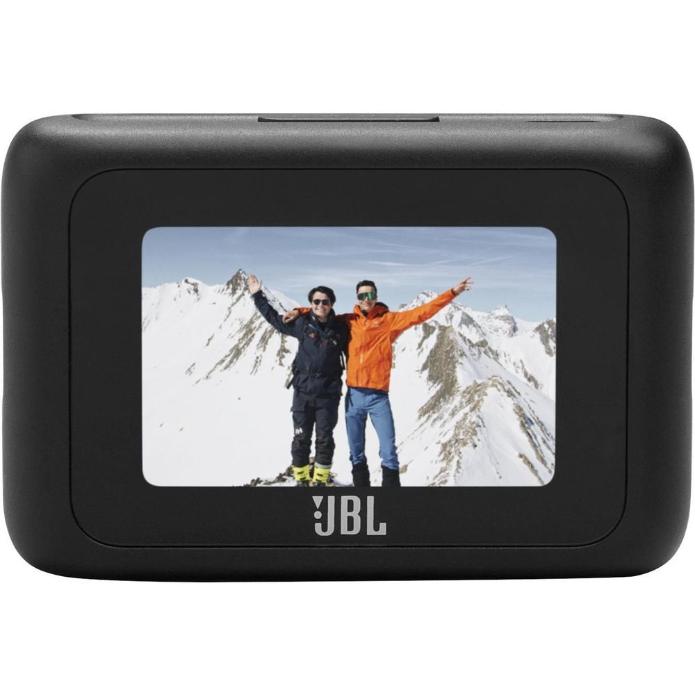 Black wireless headphones case with built-in screen and JBL logo