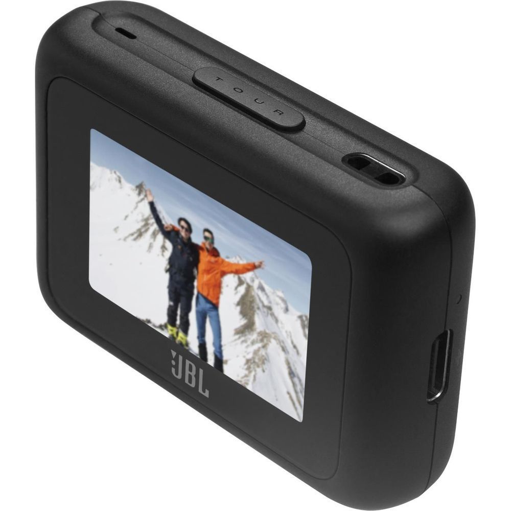 Black wireless headphones case with top buttons and side ports