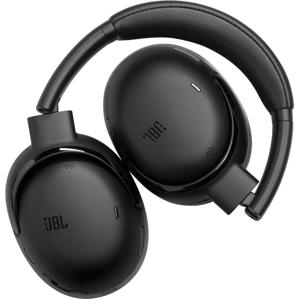 Black over-ear wireless headphones, two ear cups shown with headband