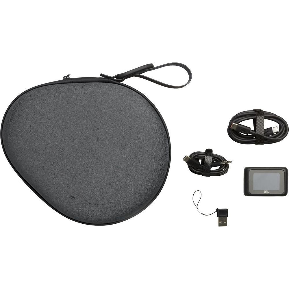 Black headphone carrying case with cables and small accessory hub