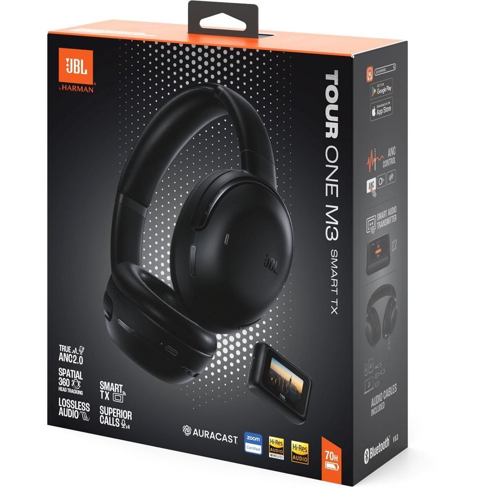 JBL Tour One M3 headphones retail box featuring black over-ear headset