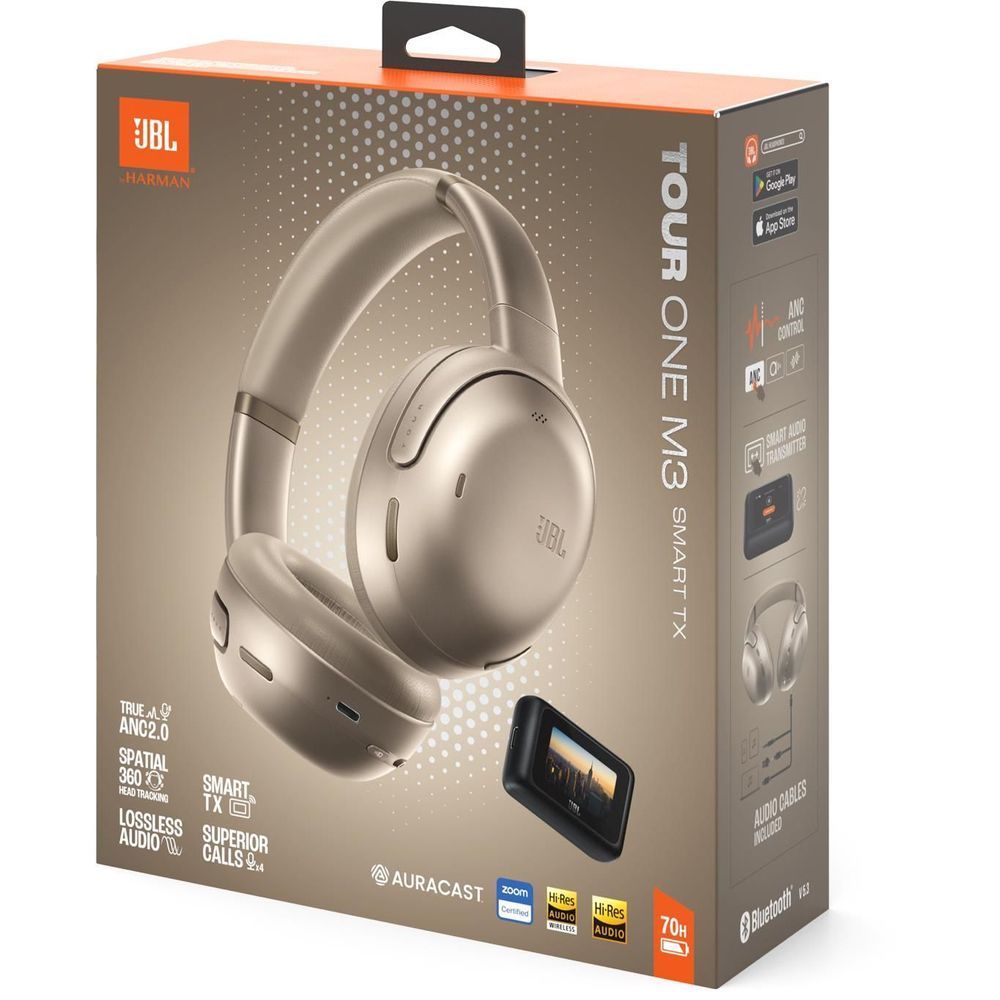 JBL Tour One M3 headphones retail box, mocha color packaging with key features