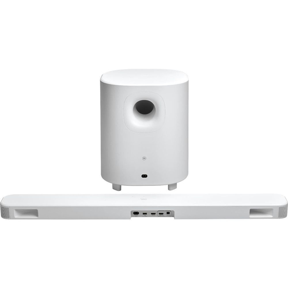 White cylindrical subwoofer speaker with circular driver and indicator lights