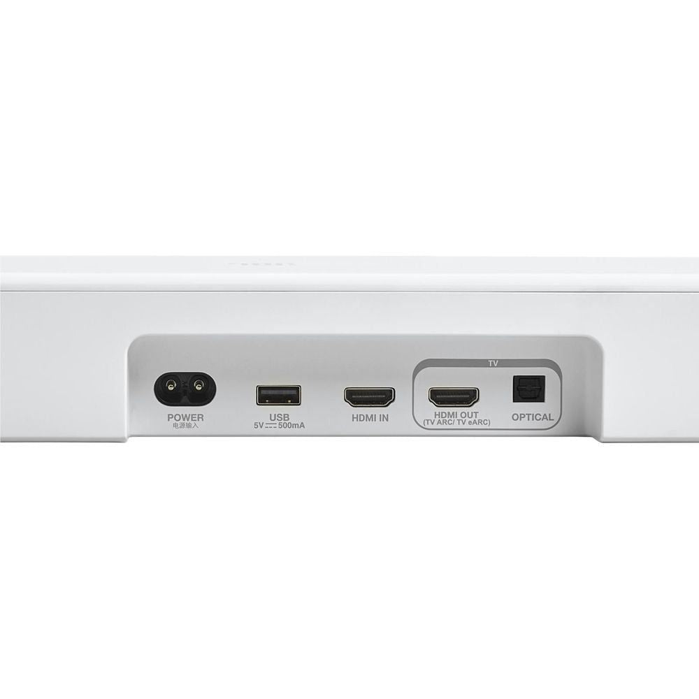 White soundbar rear panel with power and multiple audio input ports