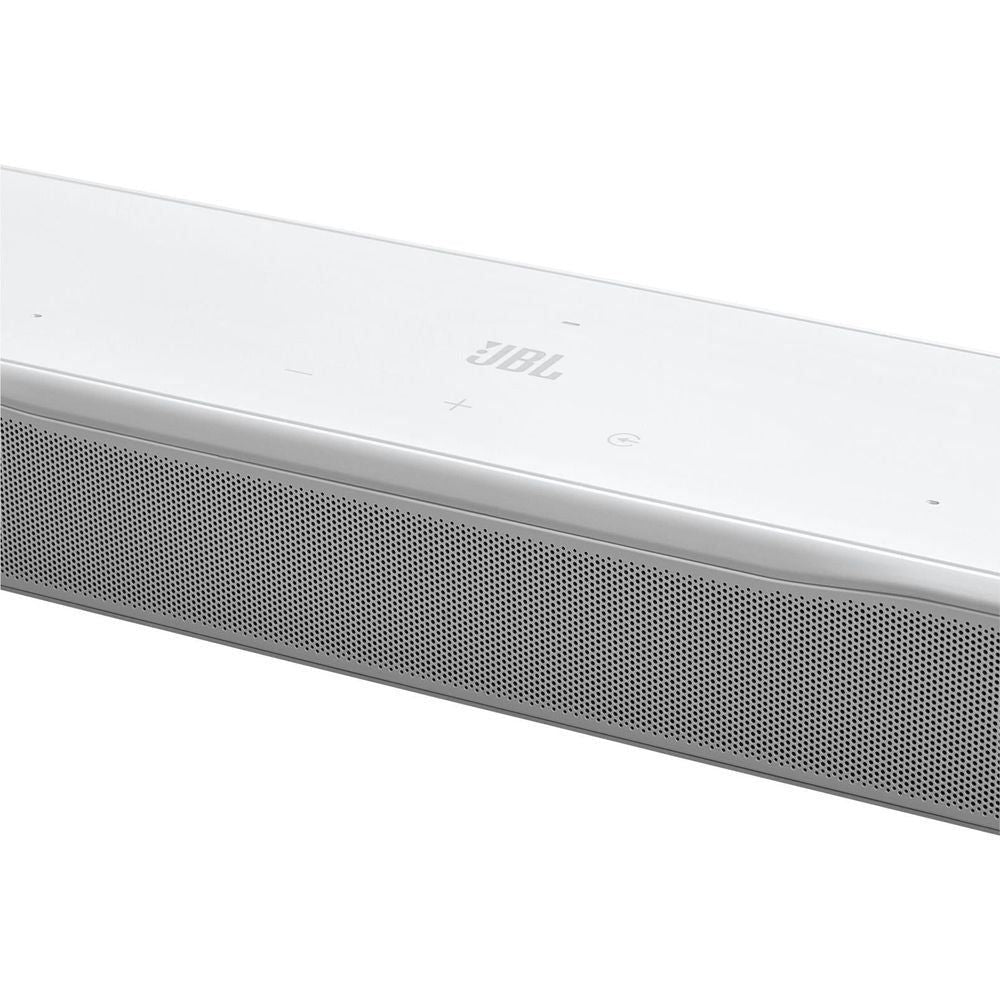 White soundbar front grille with perforated speaker mesh and JBL branding