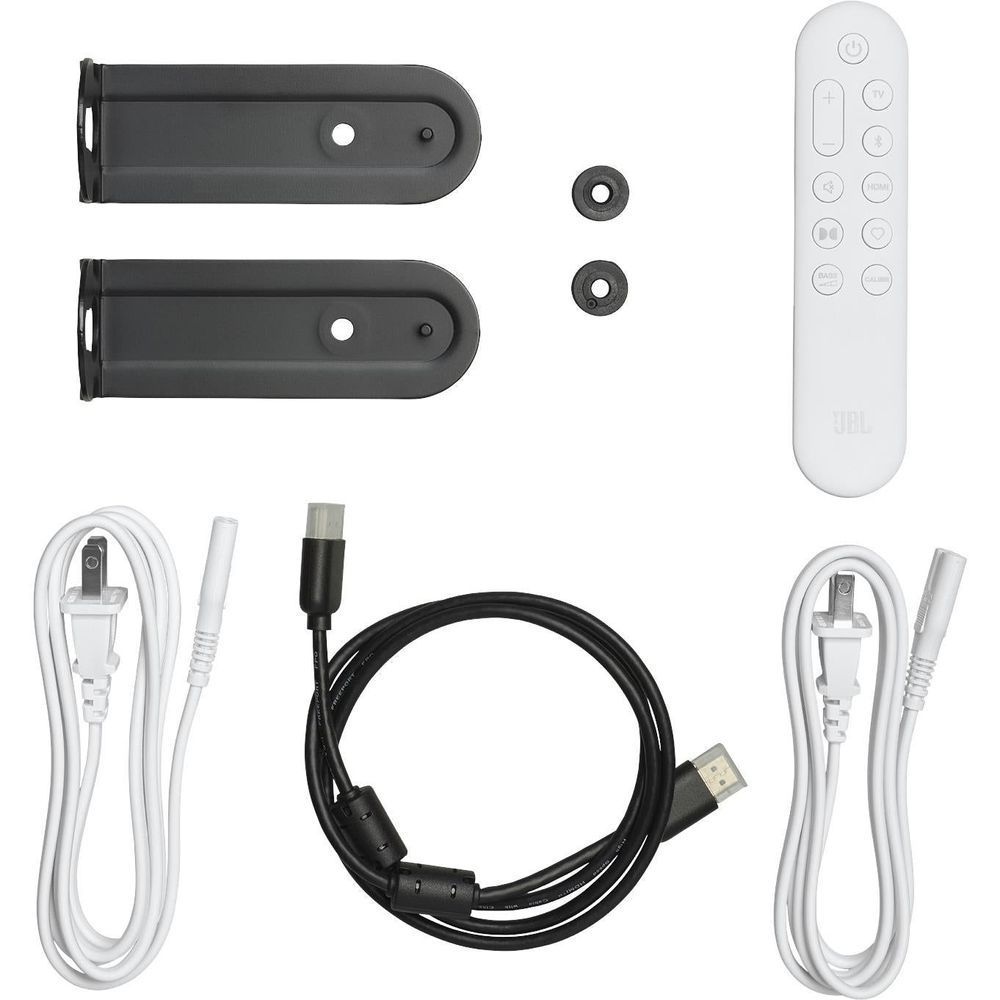 White remote control with cables and mounting brackets for soundbar setup