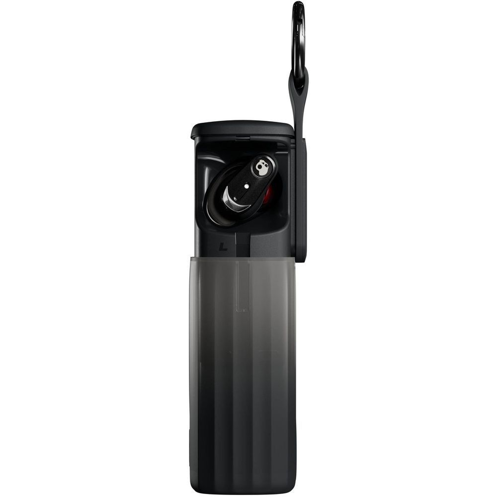 Black charging case open with earbuds docked and in-ear tips visible