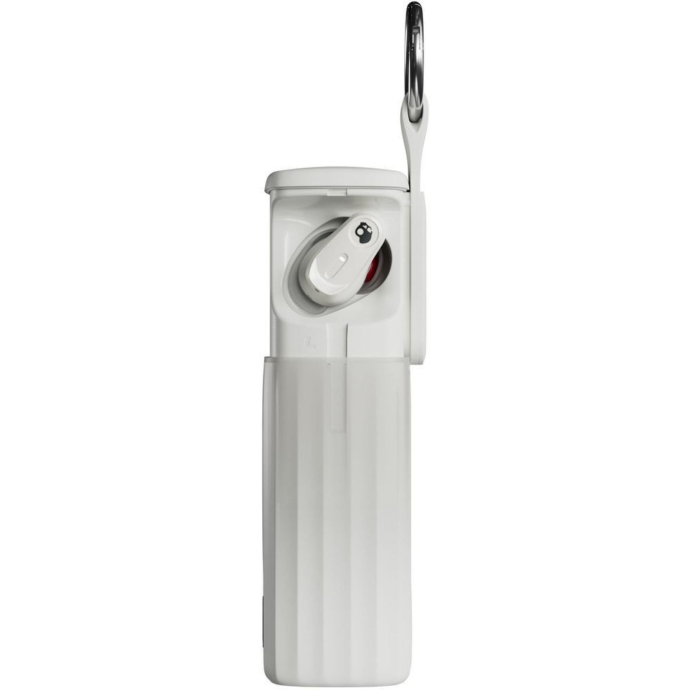 White wireless earbuds charging case with inset earbud view and keyring clip
