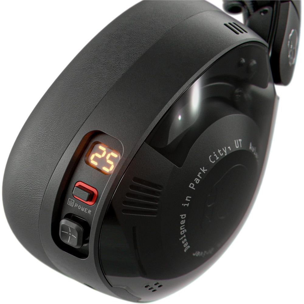 Black over-ear ANC headphones with control buttons and LED display on earcup
