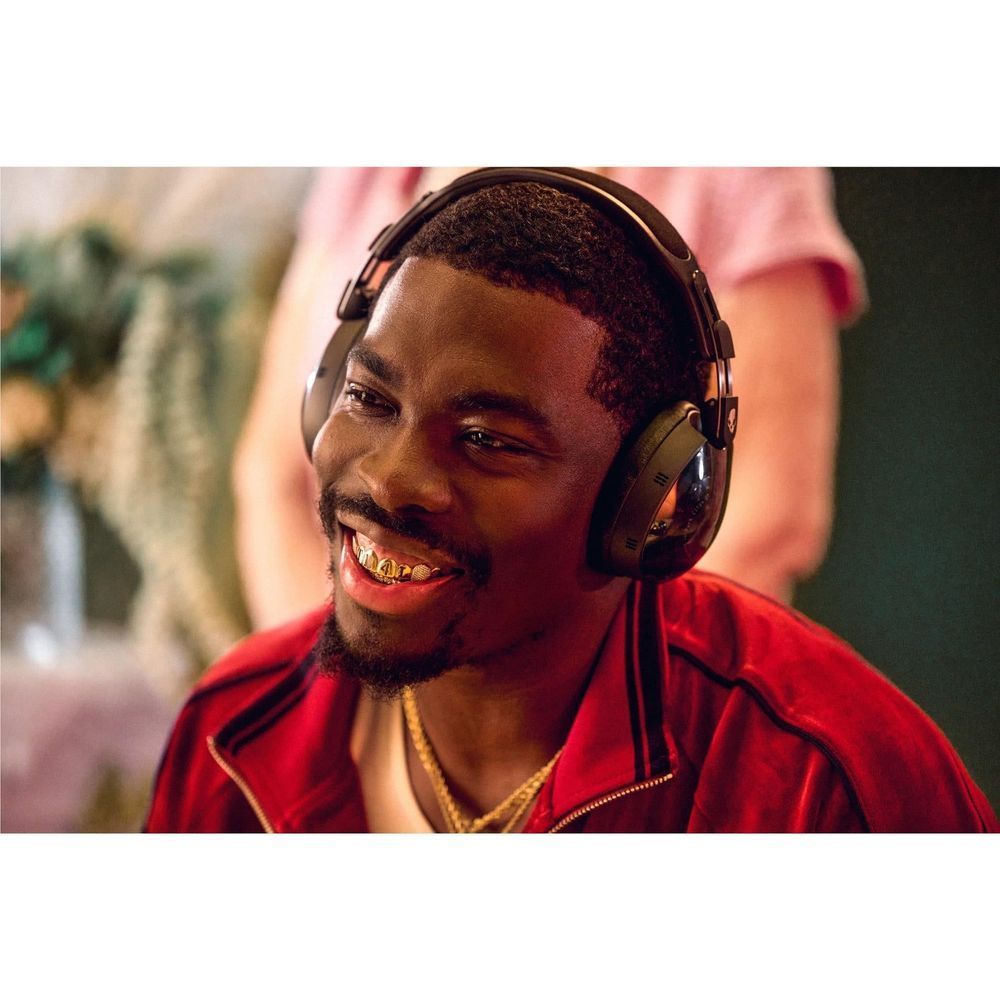 Black over-ear active noise cancelling headphones worn with padded earcups