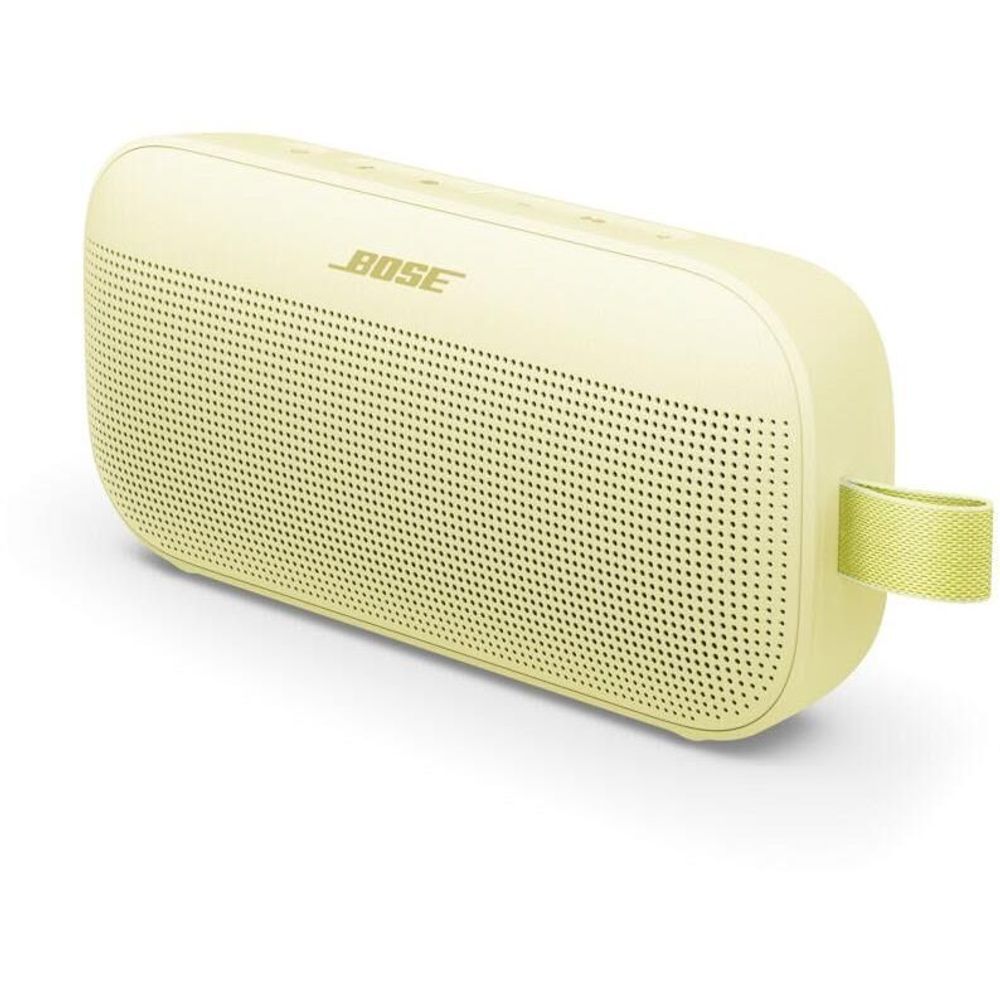 Citrus yellow portable speaker with speaker grille and lime carry strap