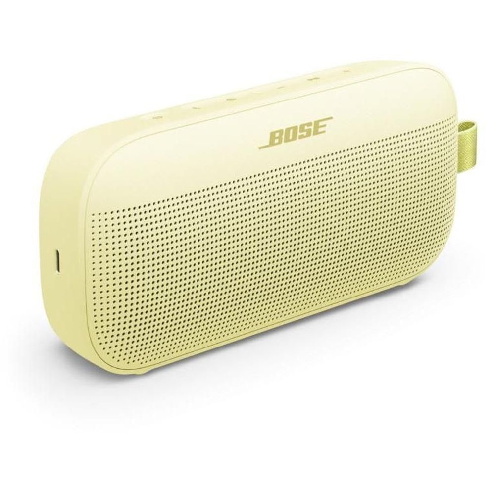 Citrus yellow portable speaker showing side panel and lime carry strap