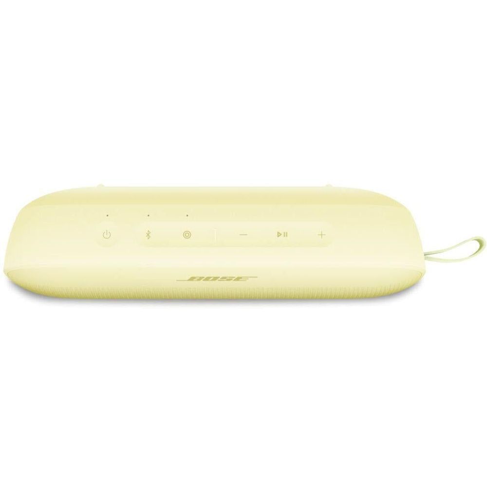 Citrus yellow portable speaker showing top control buttons and lime carry strap