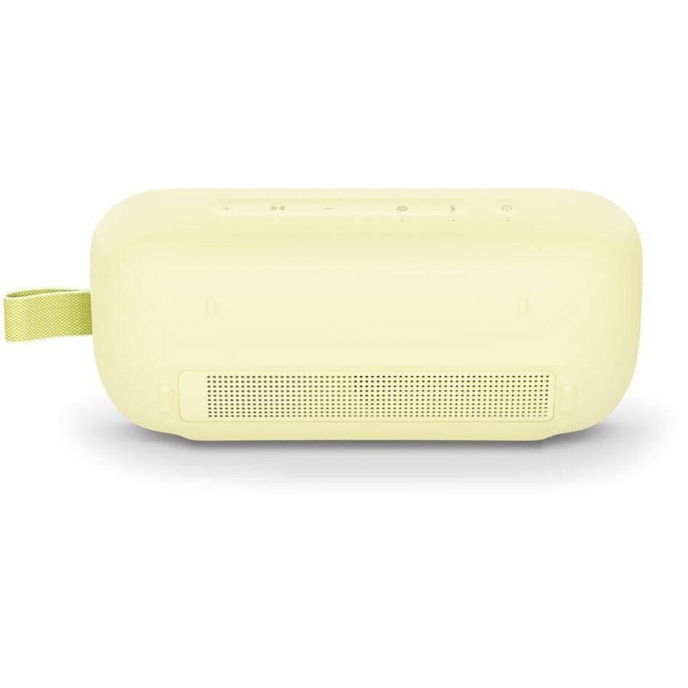 Citrus yellow portable speaker front view with speaker grille and lime carry strap