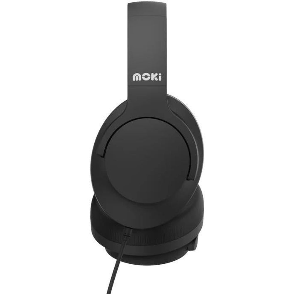 Moki black over-ear wired headphones, folded earcup with cable and logo