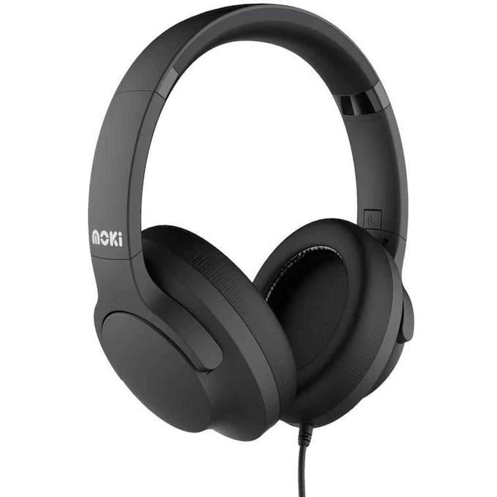 Moki black over-ear wired headphones with angled earcups and inline cable