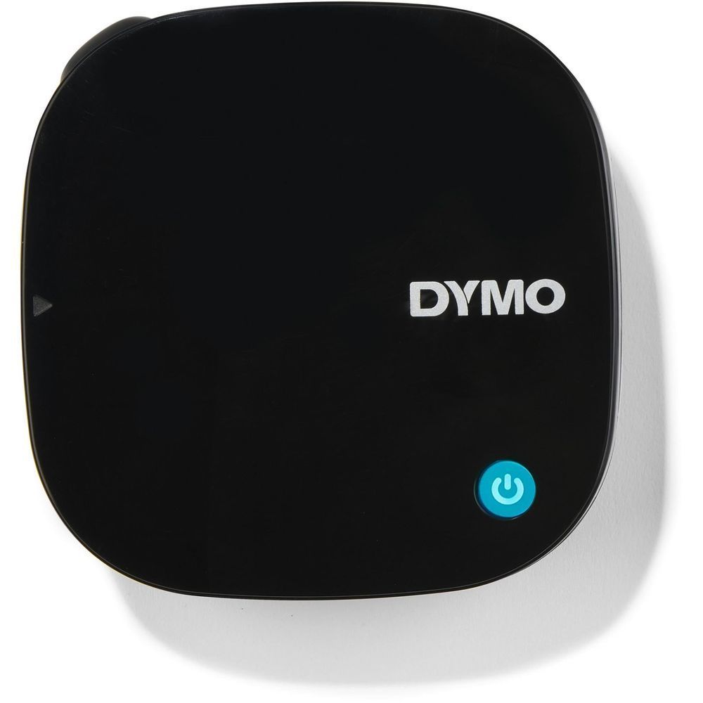 Black DYMO LetraTag label maker with DYMO logo and blue power button