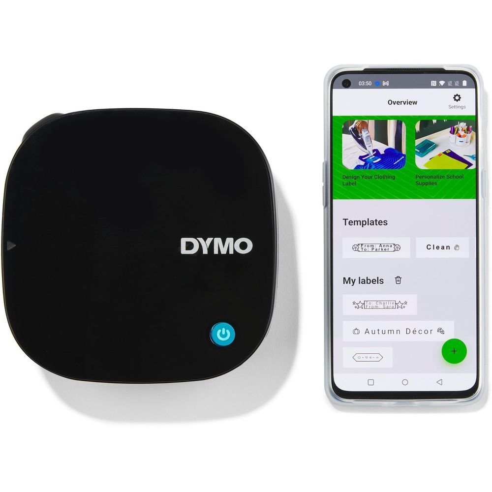Black DYMO LetraTag label maker next to smartphone showing an app interface