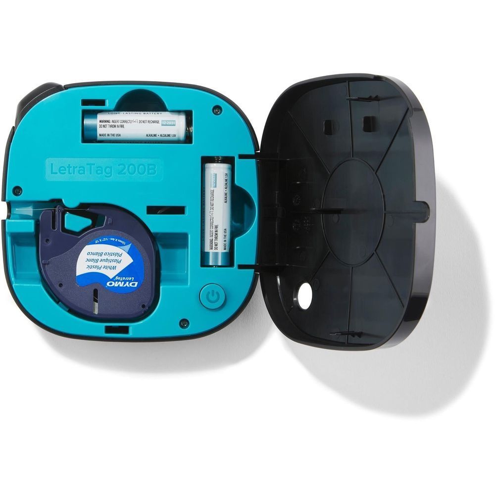 LetraTag 200B label maker open, showing turquoise interior and label roll compartment
