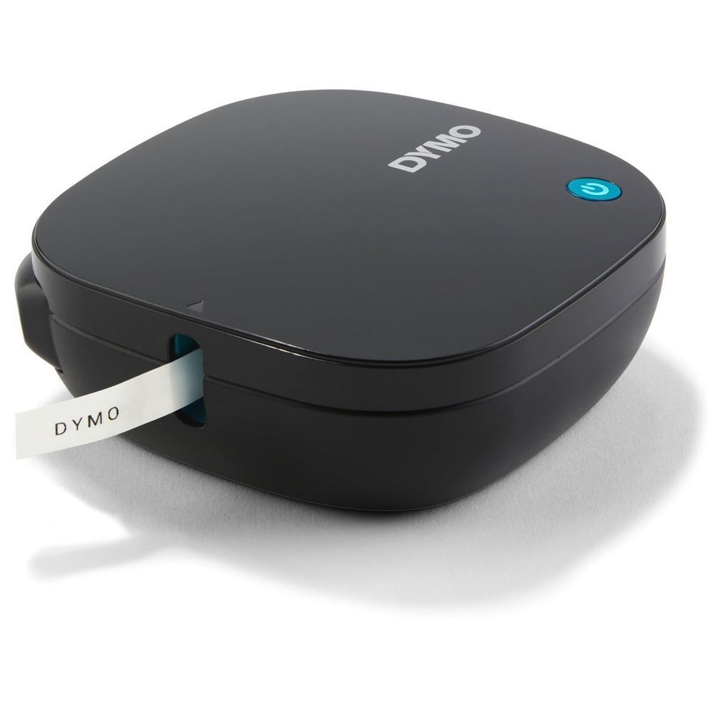 Black DYMO LetraTag label maker with a white label strip extending from the front