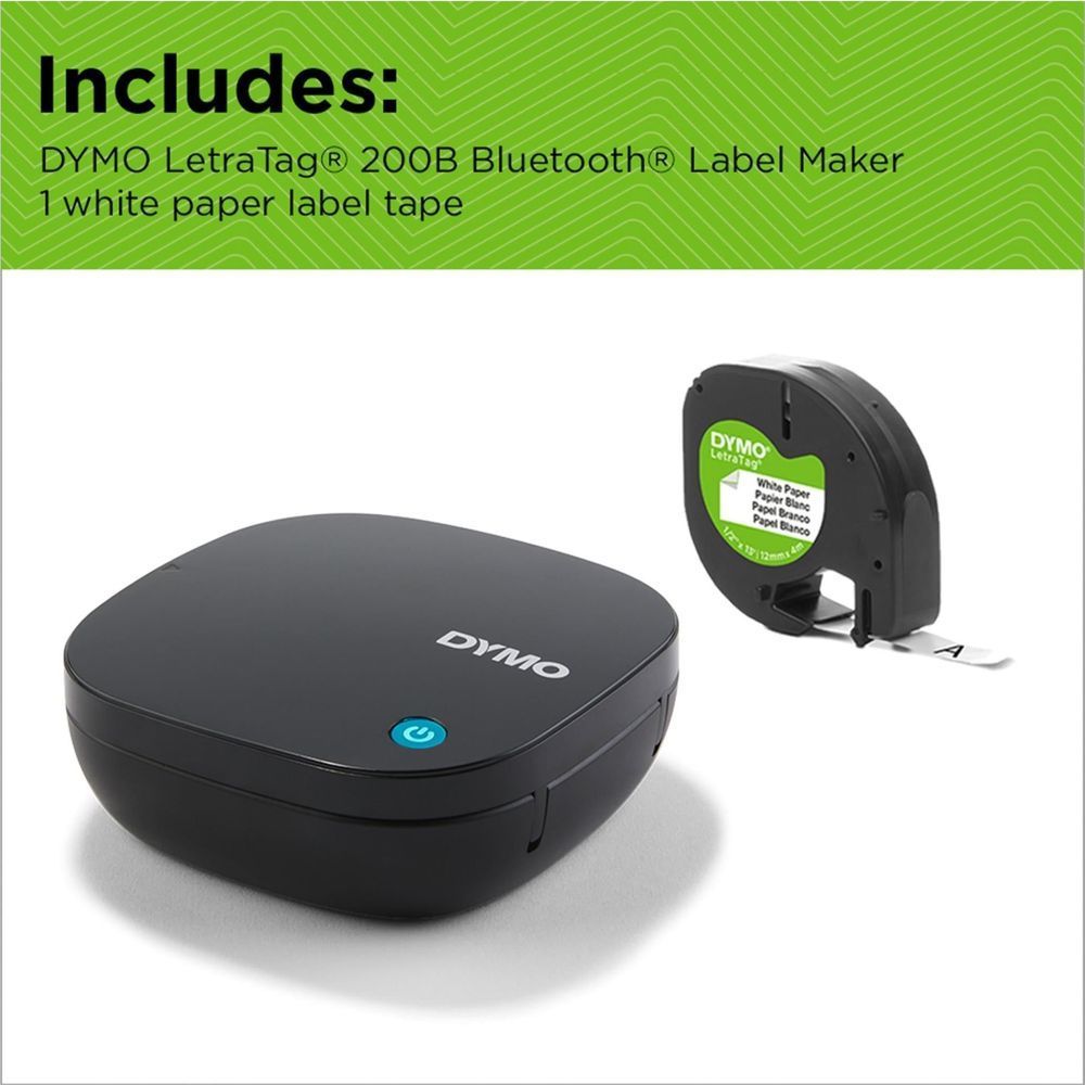 Black DYMO LetraTag label maker with tape cassette and paper roll exposed