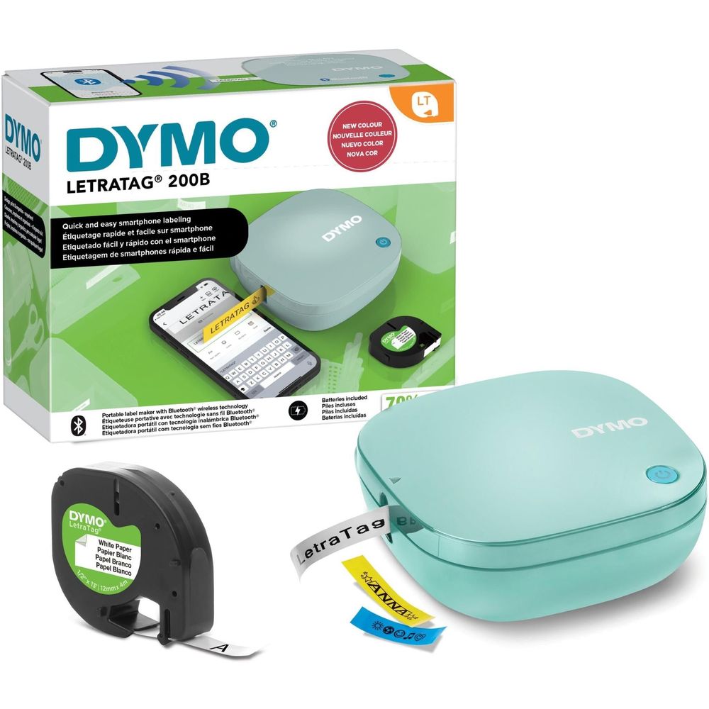 Dymo LetraTag 200B label maker, teal-blue body with keyboard and label tape