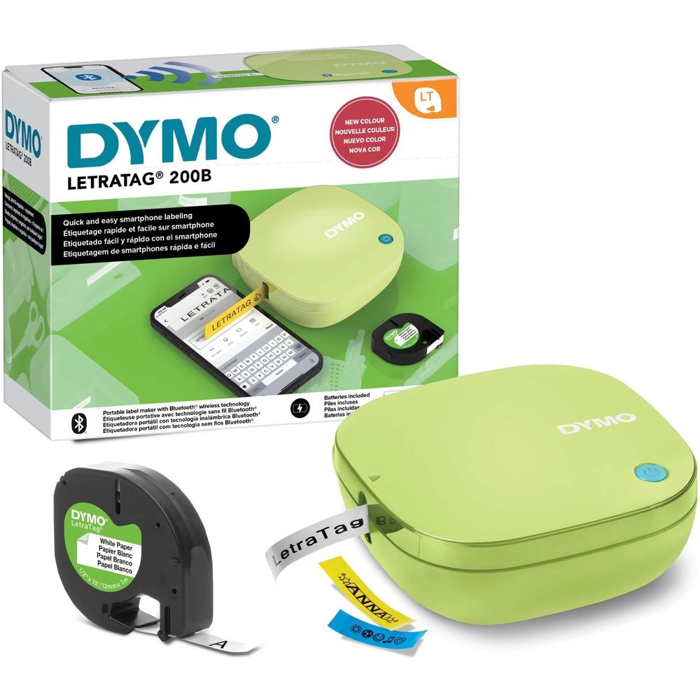 Green Dymo LetraTag 200B label maker with tape and label roll