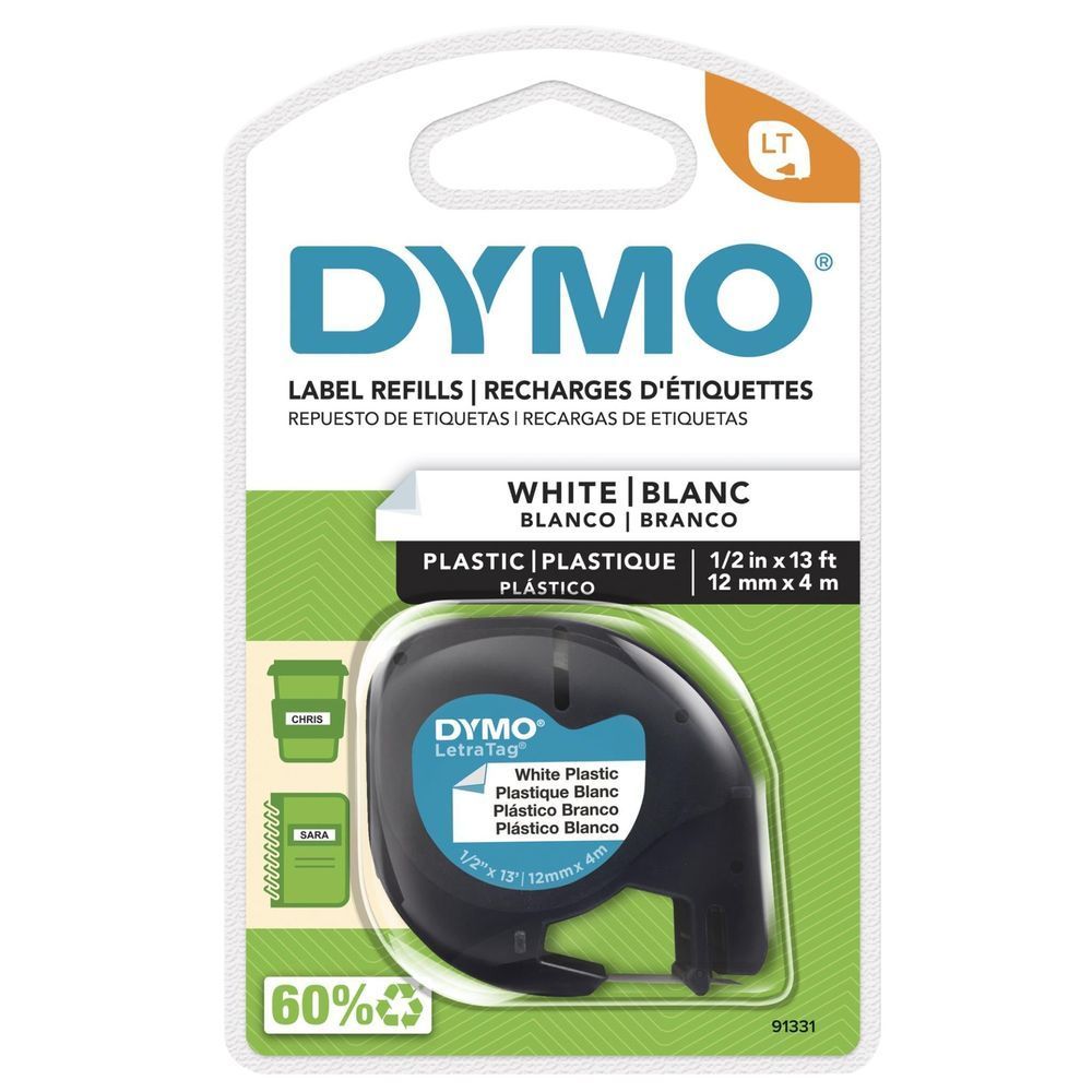 Label tape refill, white plastic tape with black text, 12 mm by 13 ft