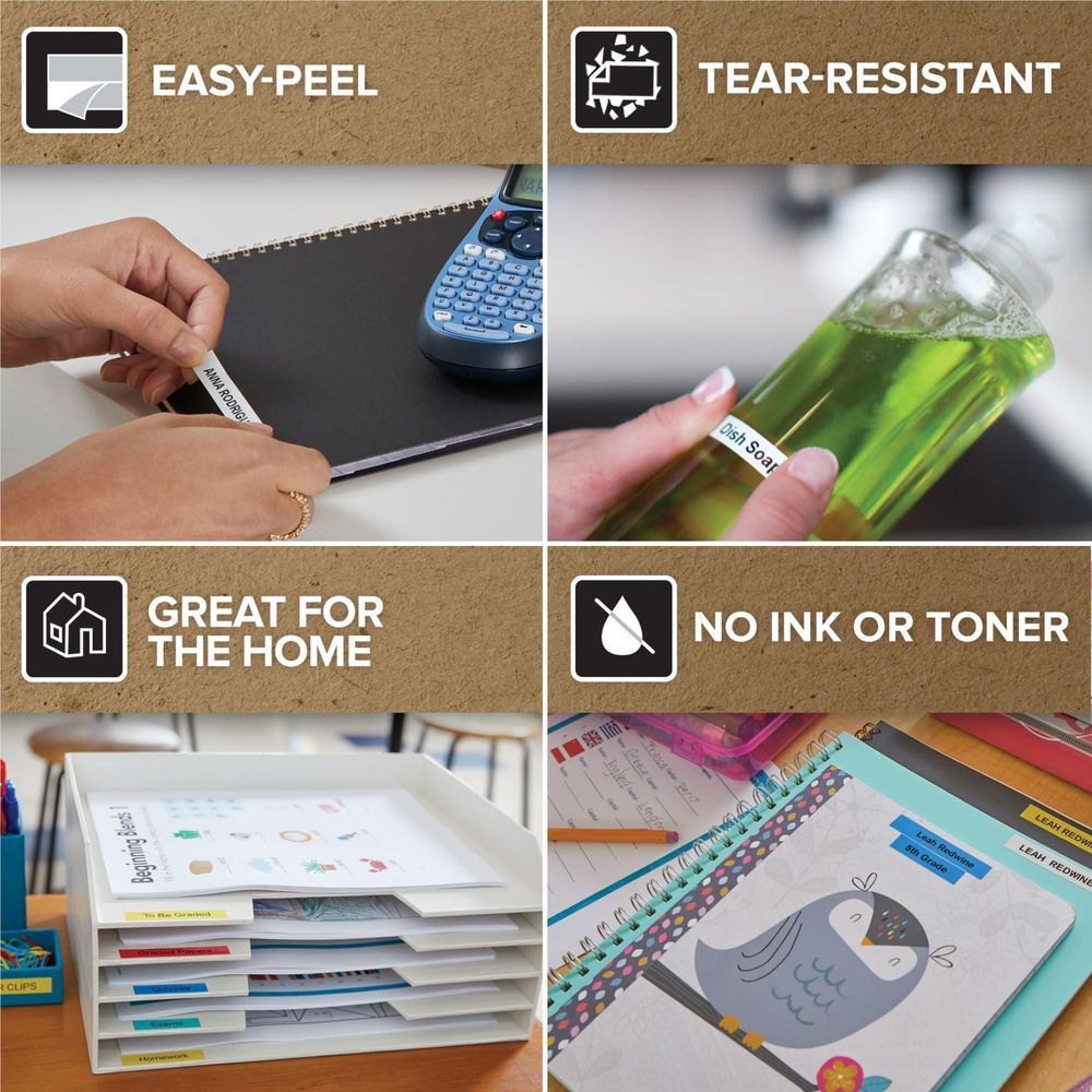 Label tape refill features: easy-peel, tear-resistant, great for the home