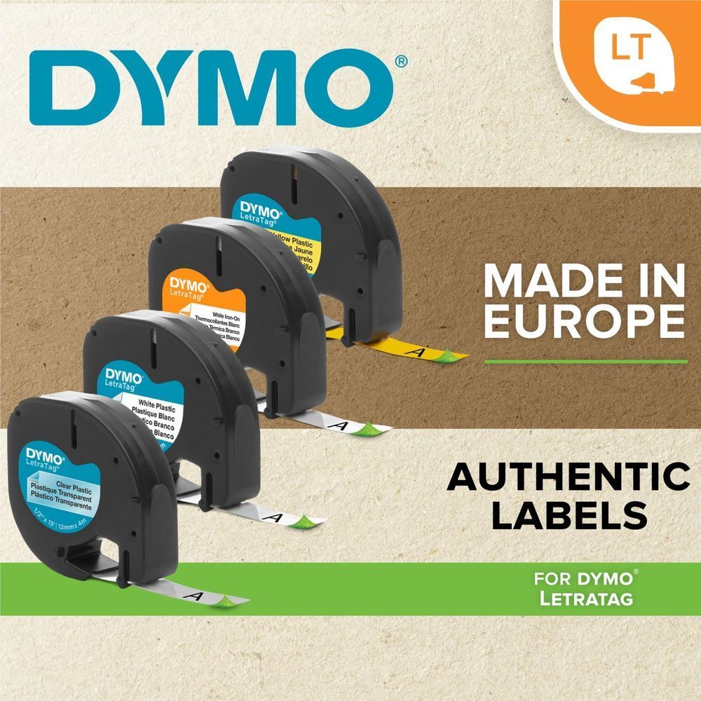 Multiple Dymo label tape cartridges, made in Europe, authentic labels