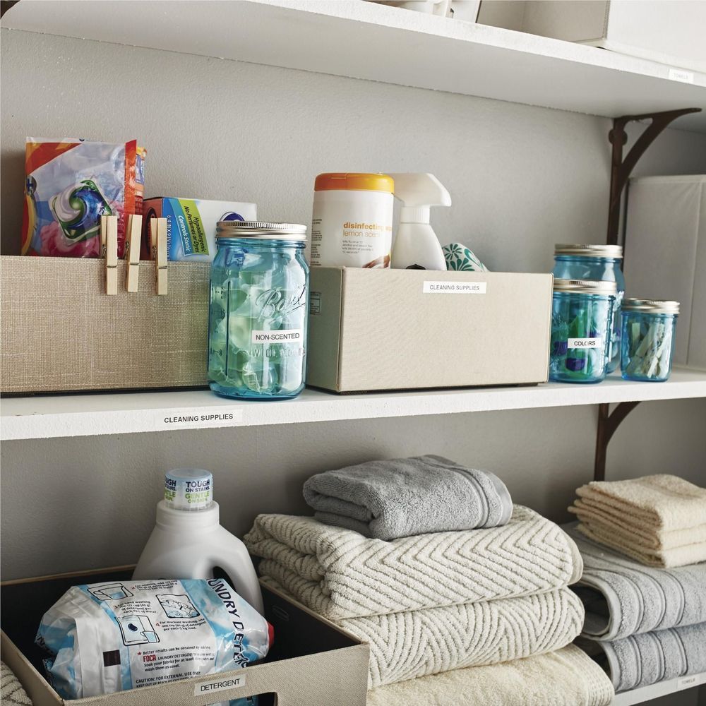 Pantry shelf with cleaning supplies and a label tape refill pack