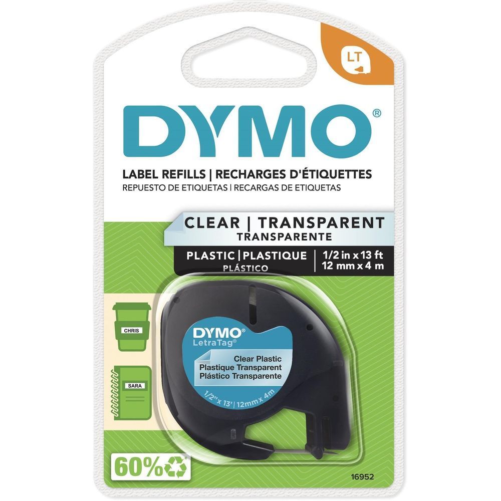 Dymo LetraTag clear plastic label tape cartridge, black text, plastic label refills