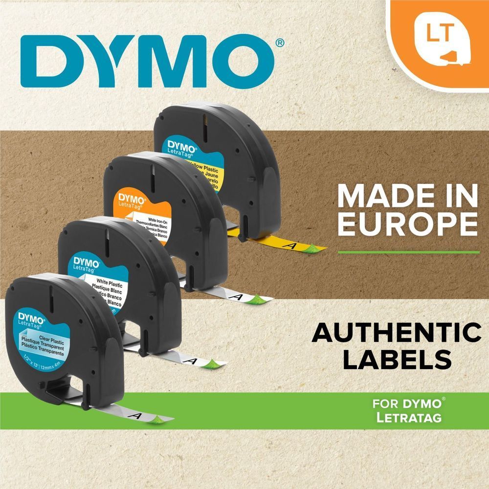 Dymo LetraTag clear plastic label tape cartridges in black-on-clear format