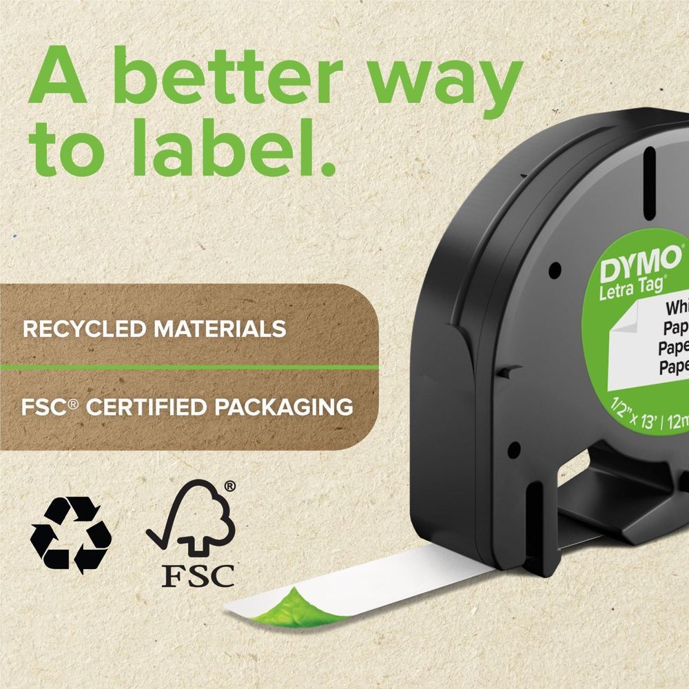 Dymo LetraTag clear plastic label tape cartridge, black text, recyclable packaging