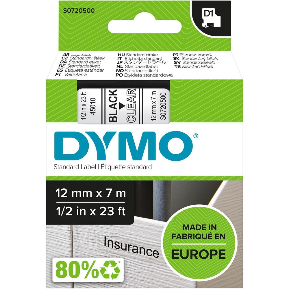 12mm x 7m D1 label tape, black text on clear tape roll (Dymo)