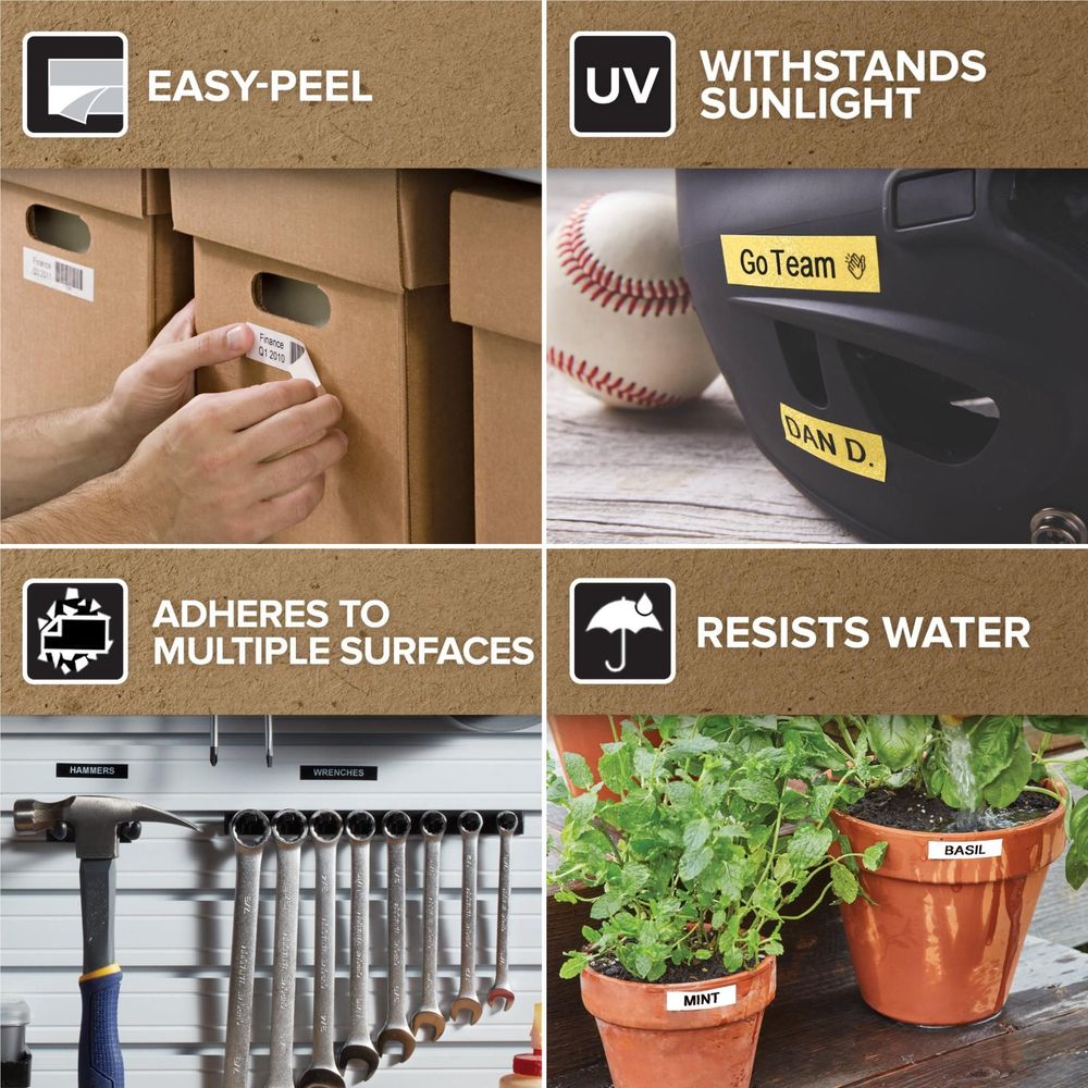 Label tape labels applied to cardboard boxes and outdoor container, easy-peel use