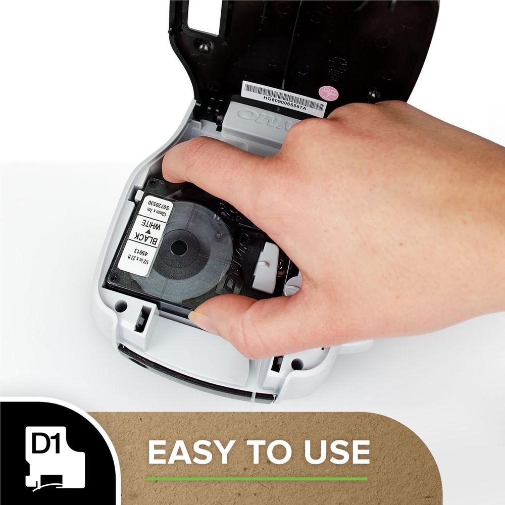 D1 label tape cartridge loaded into label maker, ready to print labels