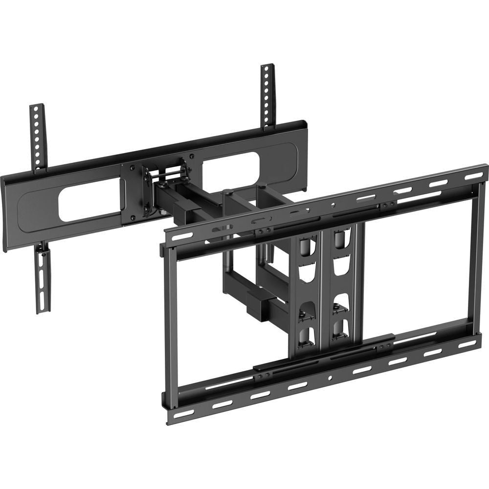Black twin-arm TV wall mount bracket with lock plate, adjustable arms, and rail holes