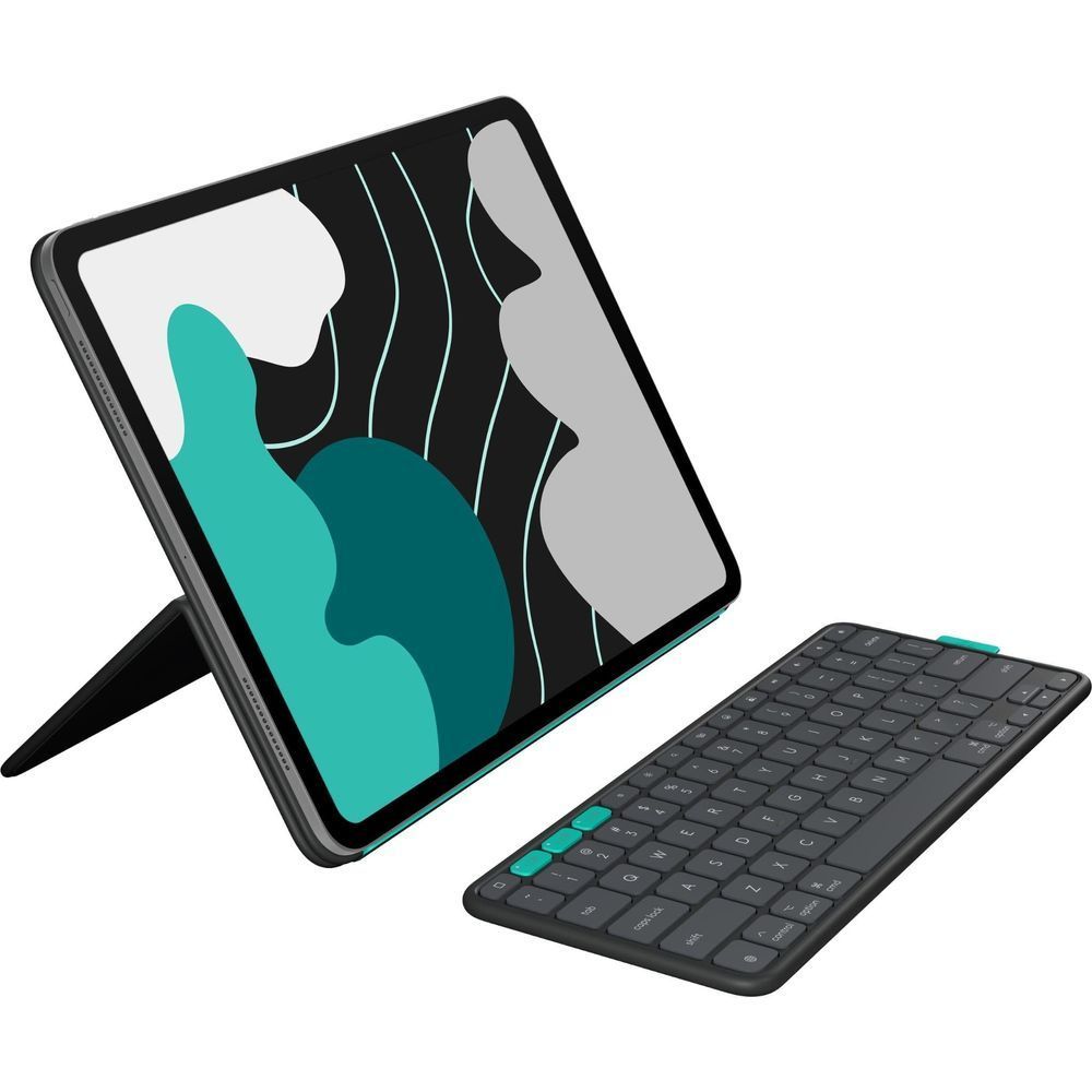 Graphite folio stand with teal accent and detachable keyboard