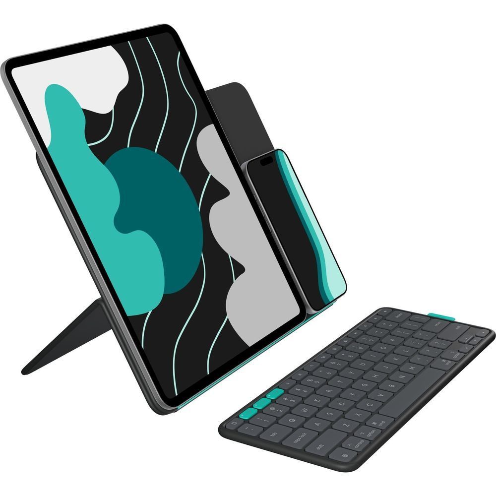 Graphite folio stand with teal accent and keyboard shown together