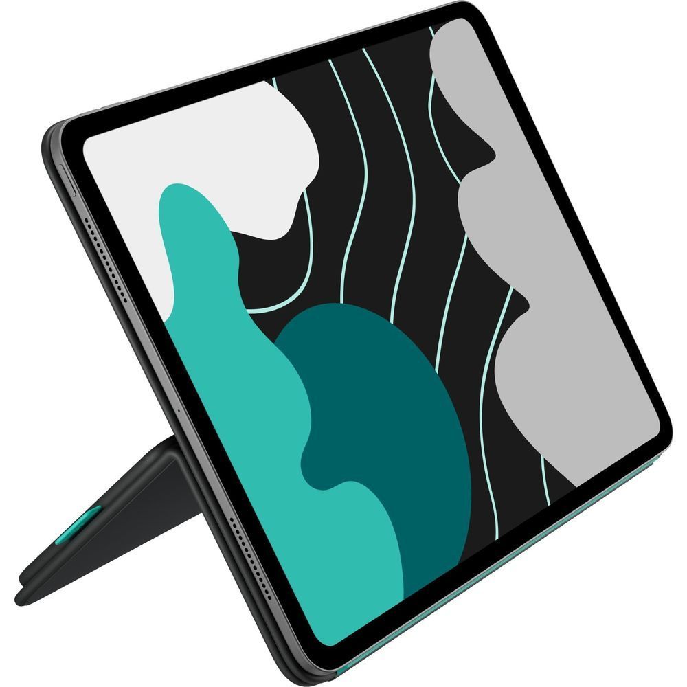 Graphite tablet folio stand with teal accent, angled for viewing