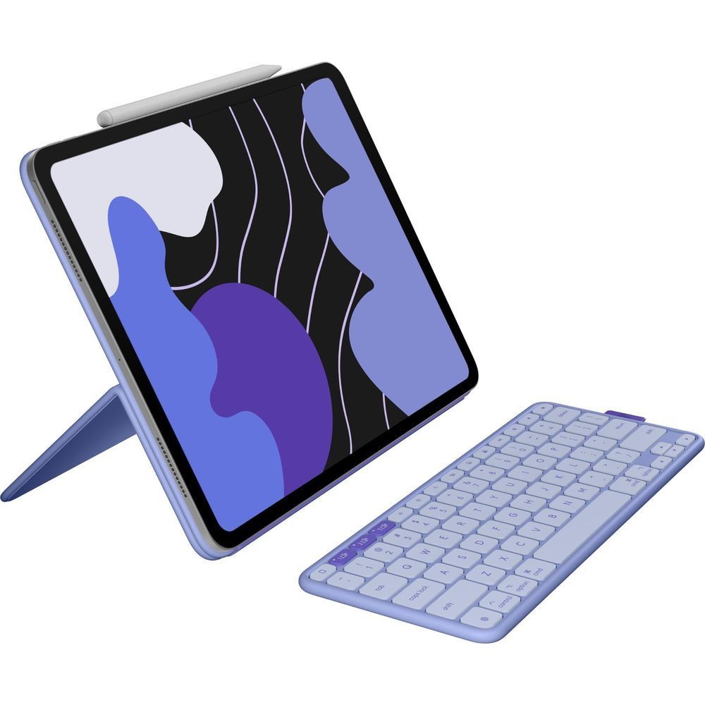 Lilac flip folio case opened on stand with Bluetooth keyboard for 13-inch iPad