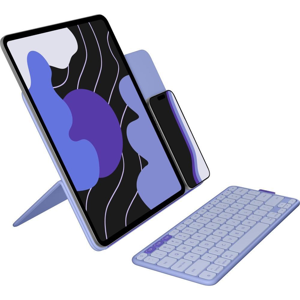 Lilac flip folio case with keyboard and side view showing cutouts